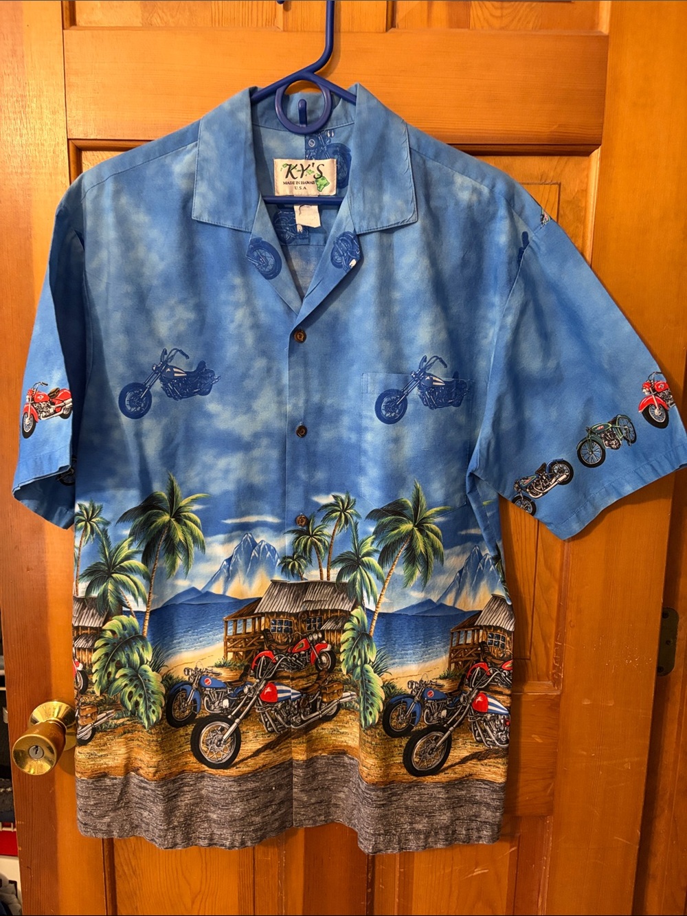 KY's Blue Tropical Motorcycle Hawaiian Short Sleeve , cotton Shirt /large